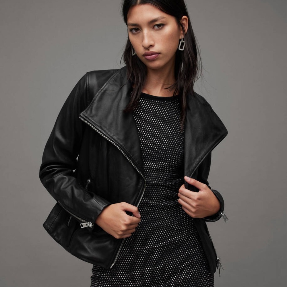 ALL SAINTS-Ellis Leather Funnel Neck Biker Jacket-available 2 sizes:0 & 2 (US)